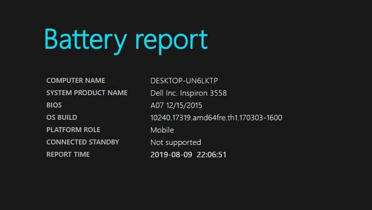 A continuación se muestra cómo crear un informe detallado de la batería en Windows 10