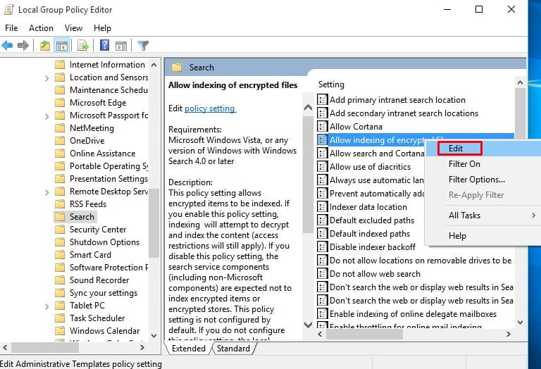 Cómo desactivar la indexación de archivos cifrados en Windows 10
